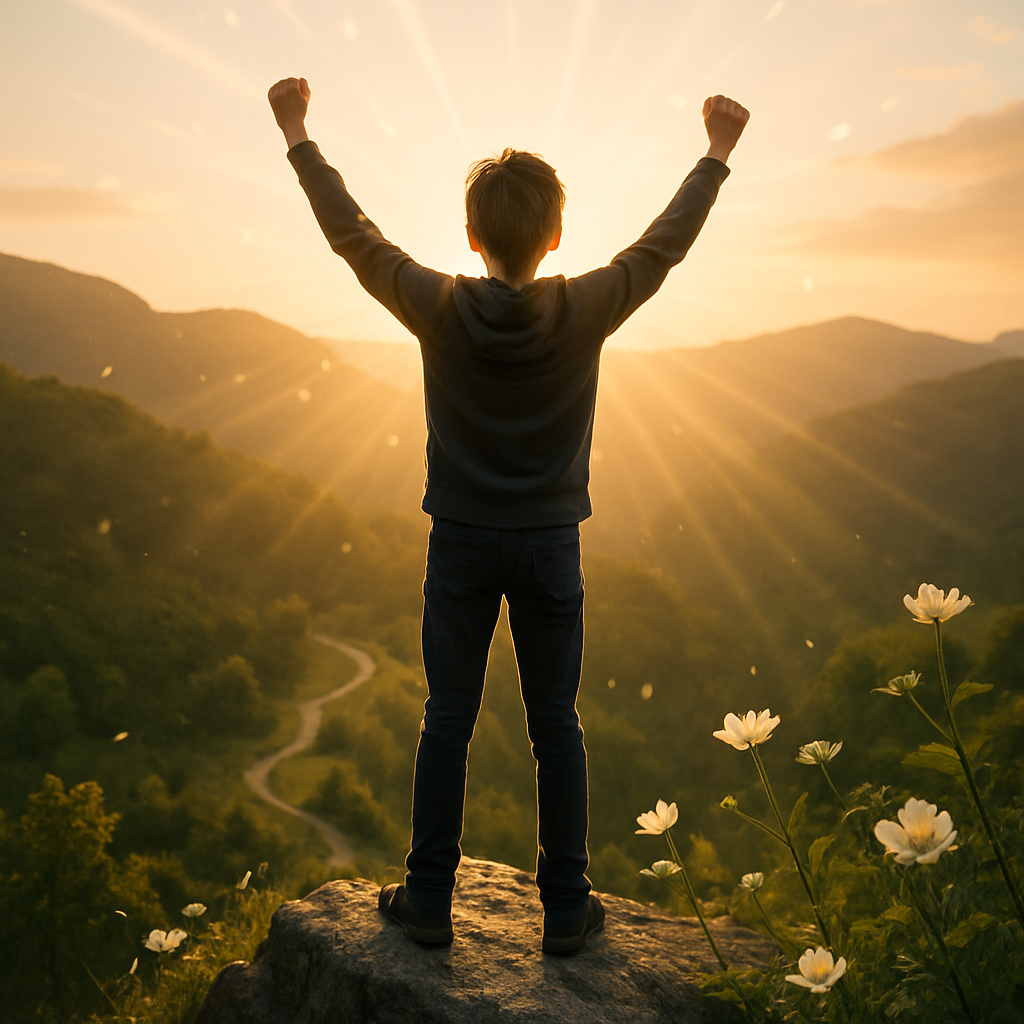 Person reaching summit with sunrise symbolizing transformative results